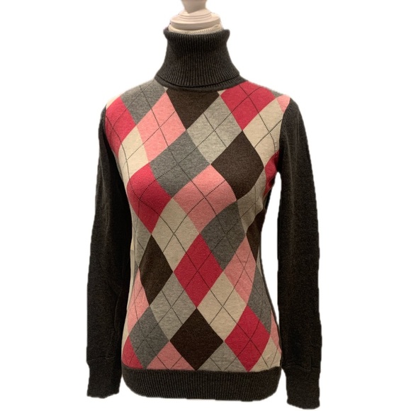 Esprit Vintage Charcoal Grey Argyle Lightweight Turtleneck Sweater Size XS - Picture 2 of 6